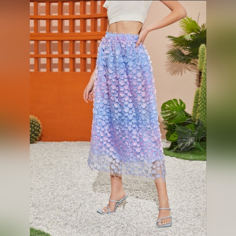 NWOT SHEIN Mulvari High Waist Ombre Floral Appliques Skirt | Size L